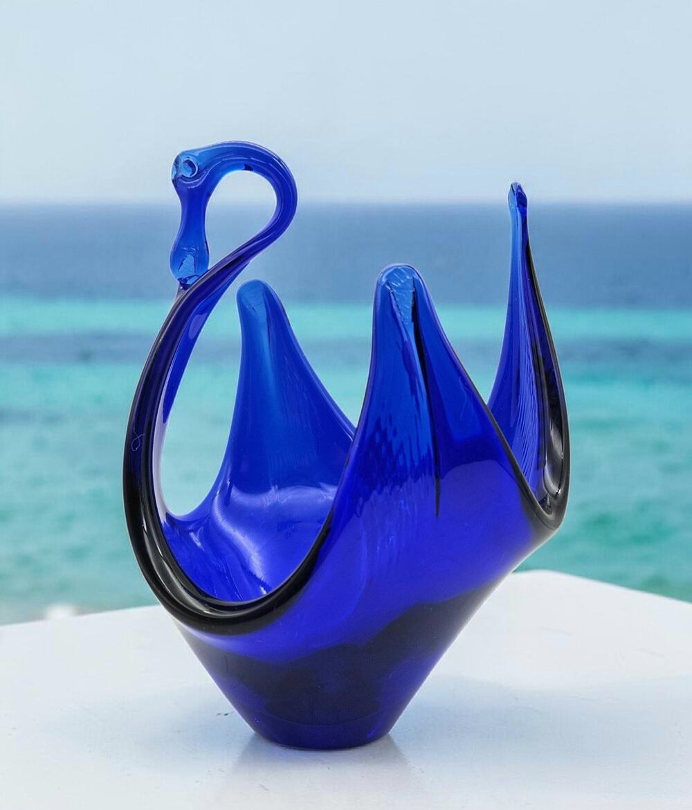 Vintage 60's 70s Murano Hand Blown Swan Bowl Blue Label Italy. 9"